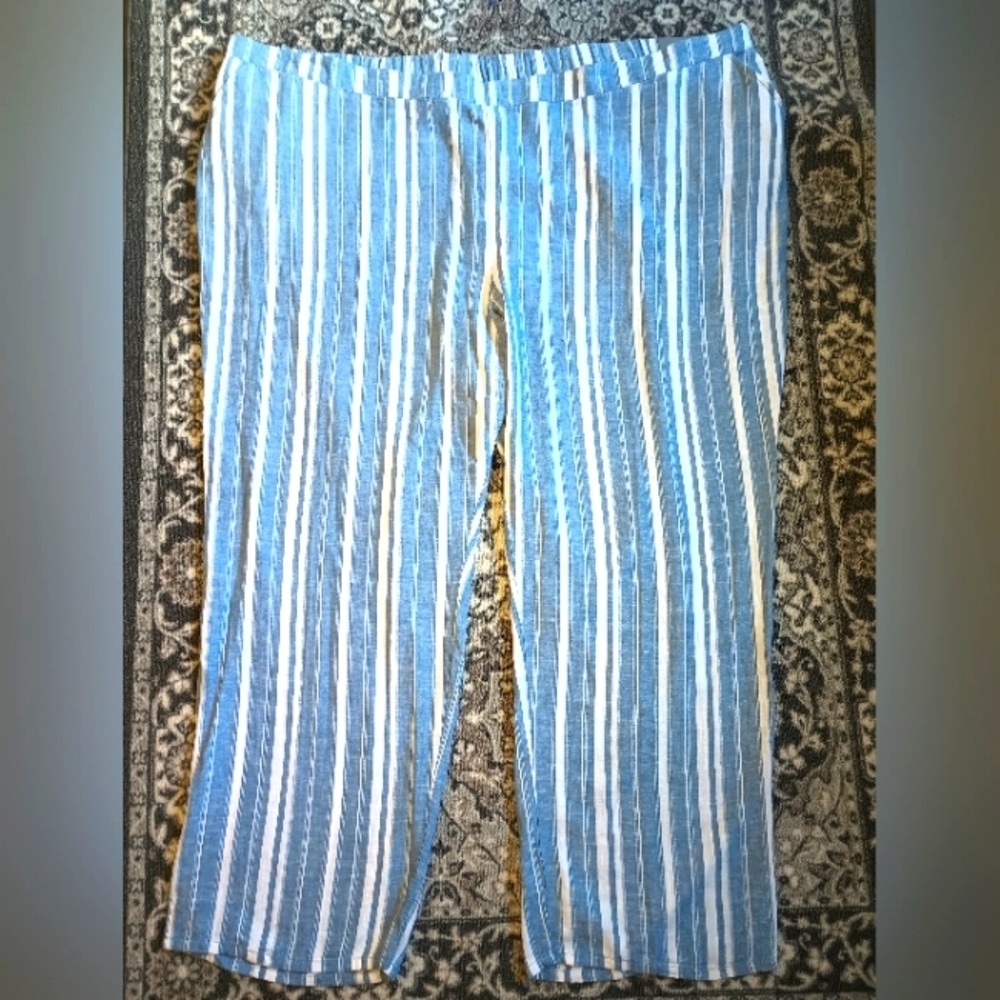 Catherines Linen Blend Pants 5X Blue White Stripes Pull On Ankle Length NWT